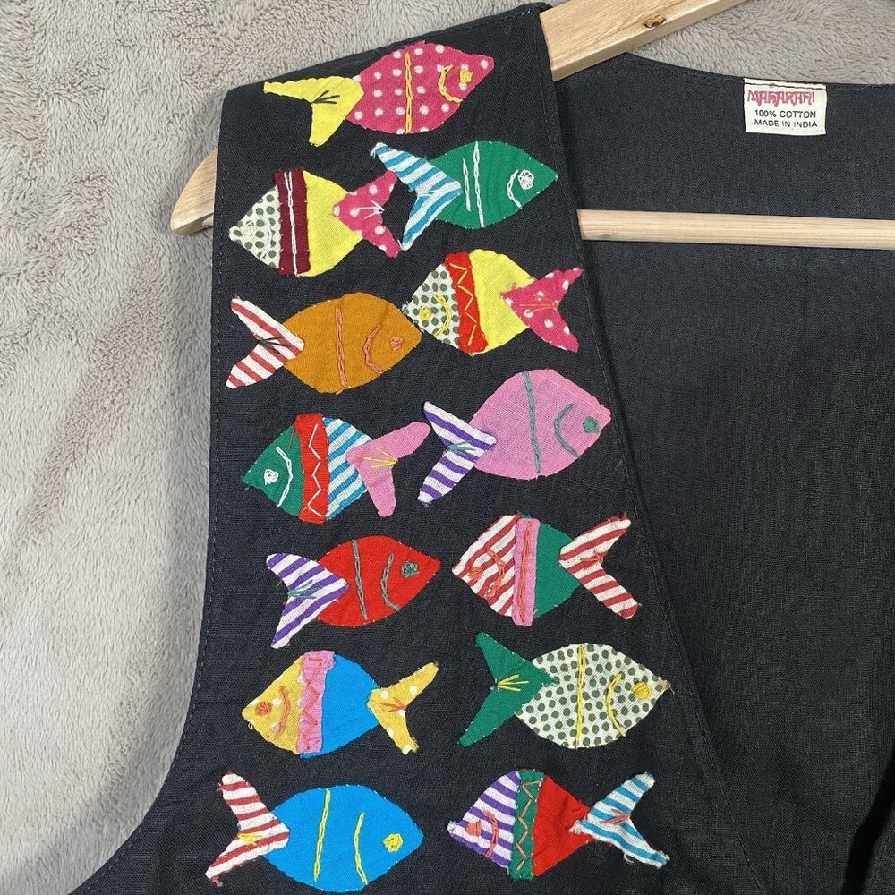 Vintage Artisan Fish Applique Vest M Folk Art to Wear Novelty Patchwork Colorful - Picture 4 of 15